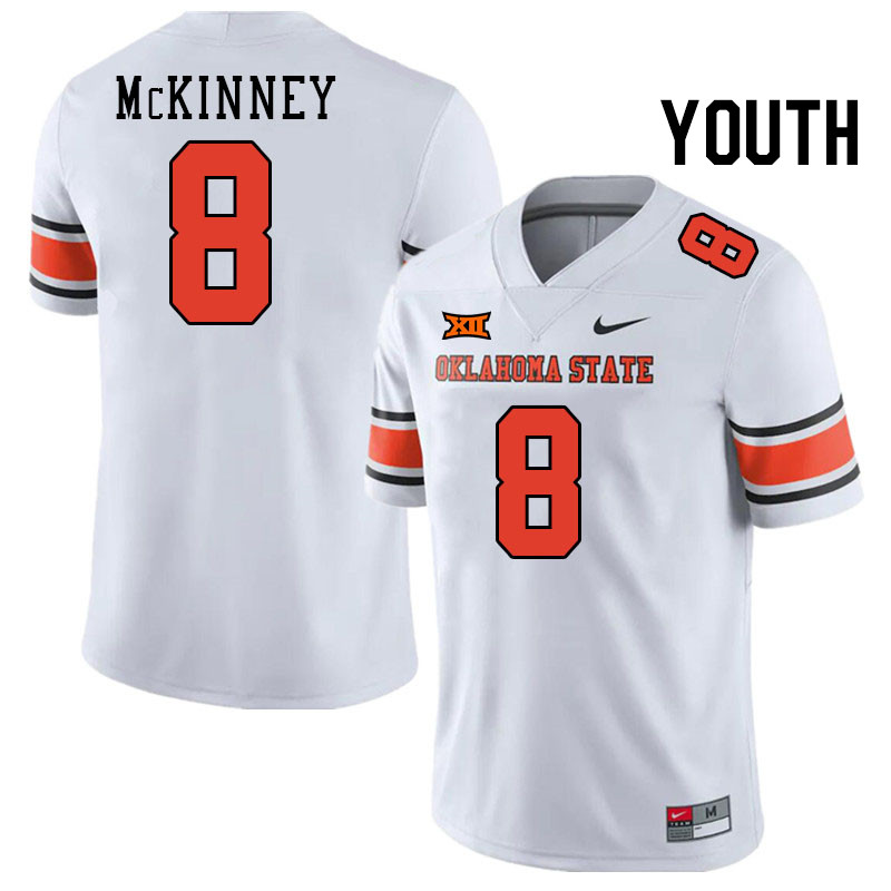 Youth #8 D.J. McKinney Oklahoma State Cowboys College Football Jerseys Stitched-White - Click Image to Close